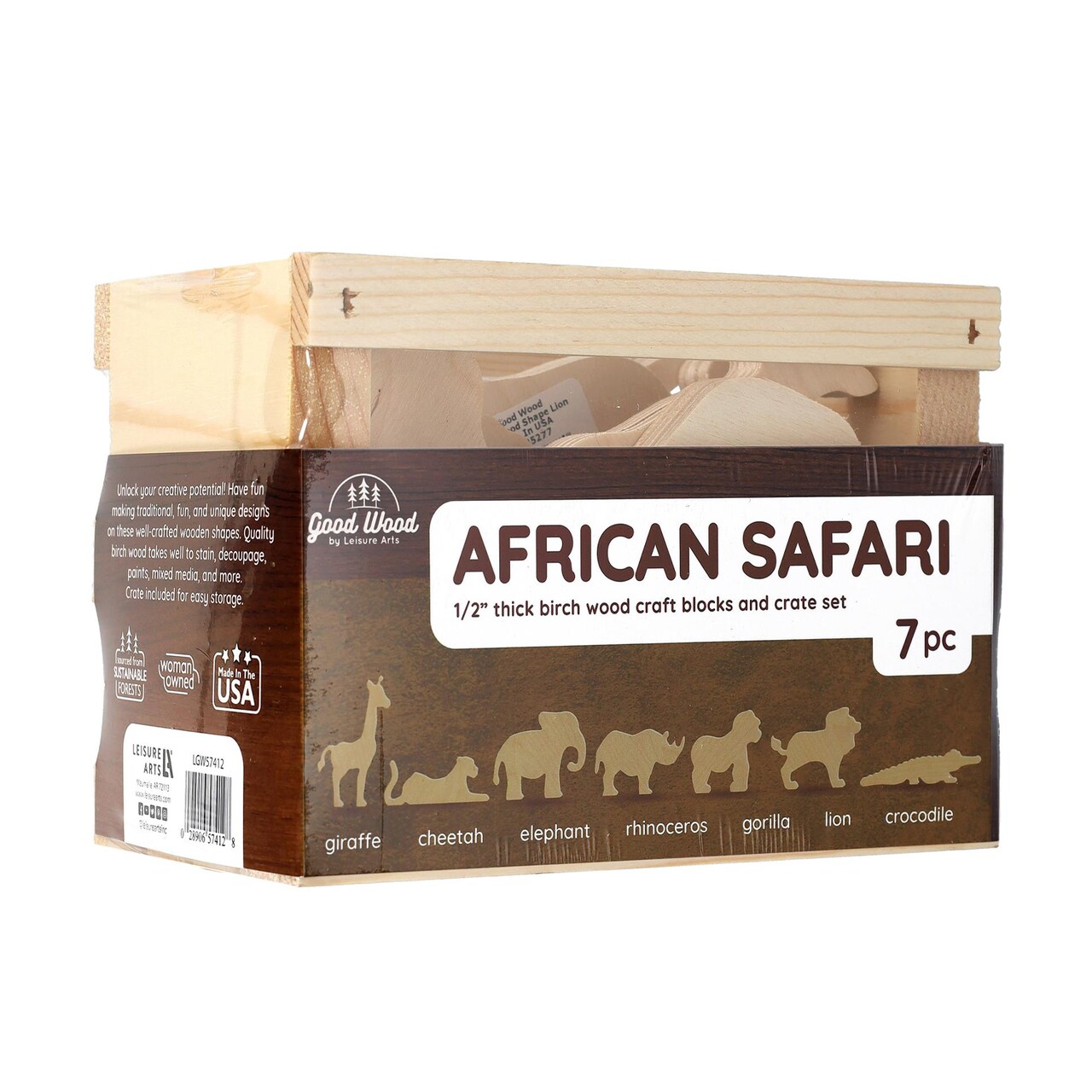 Good Wood By Leisure Arts: African Safari Crate Set - 7 Piece Animal Wood Cutouts - Small Wooden Shapes For Crafts Wooden Craft Shapes Animals To Paint